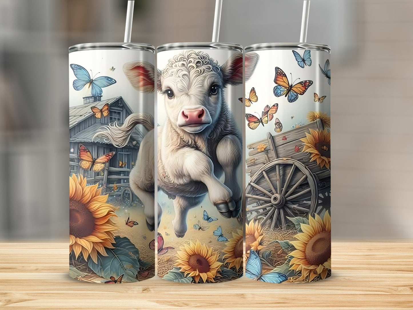 Adorable Cow And Sunflower Farm Scene Tumbler