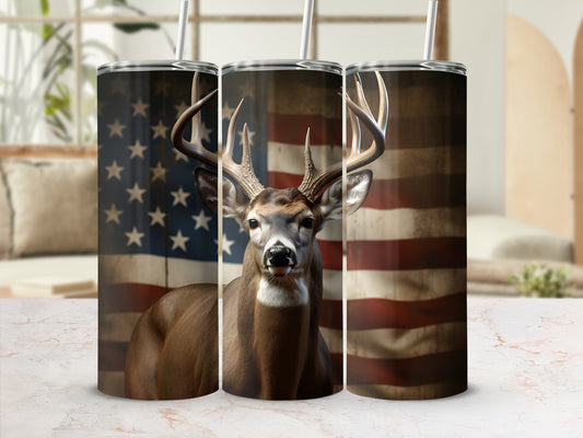 Tumbler with deer and American flag graphic.