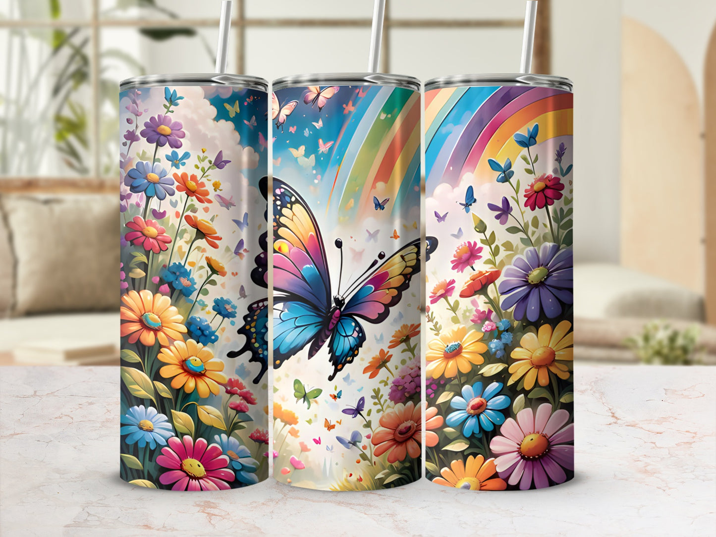 Floral tumbler with butterflies and rainbow design.