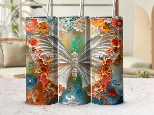 Three tumblers featuring a white butterfly and floral designs.