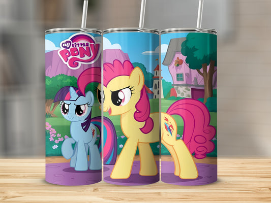My Little Pony characters on a tumbler with a pink house and purple hills.