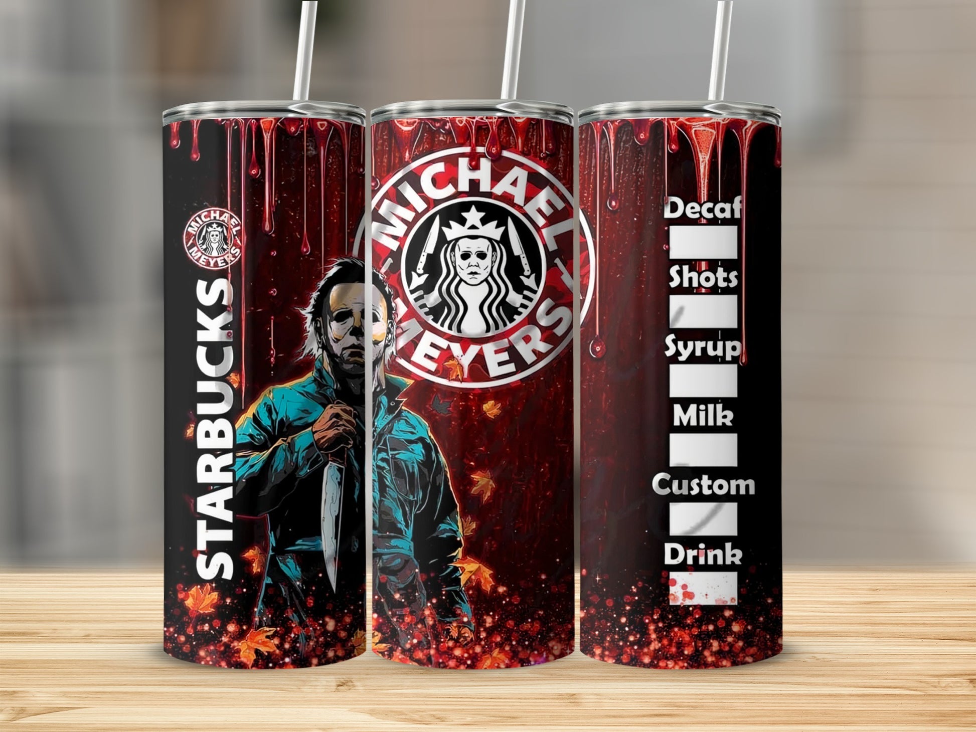 Starbucks Michael Myers tumbler with drink ingredient labels.
