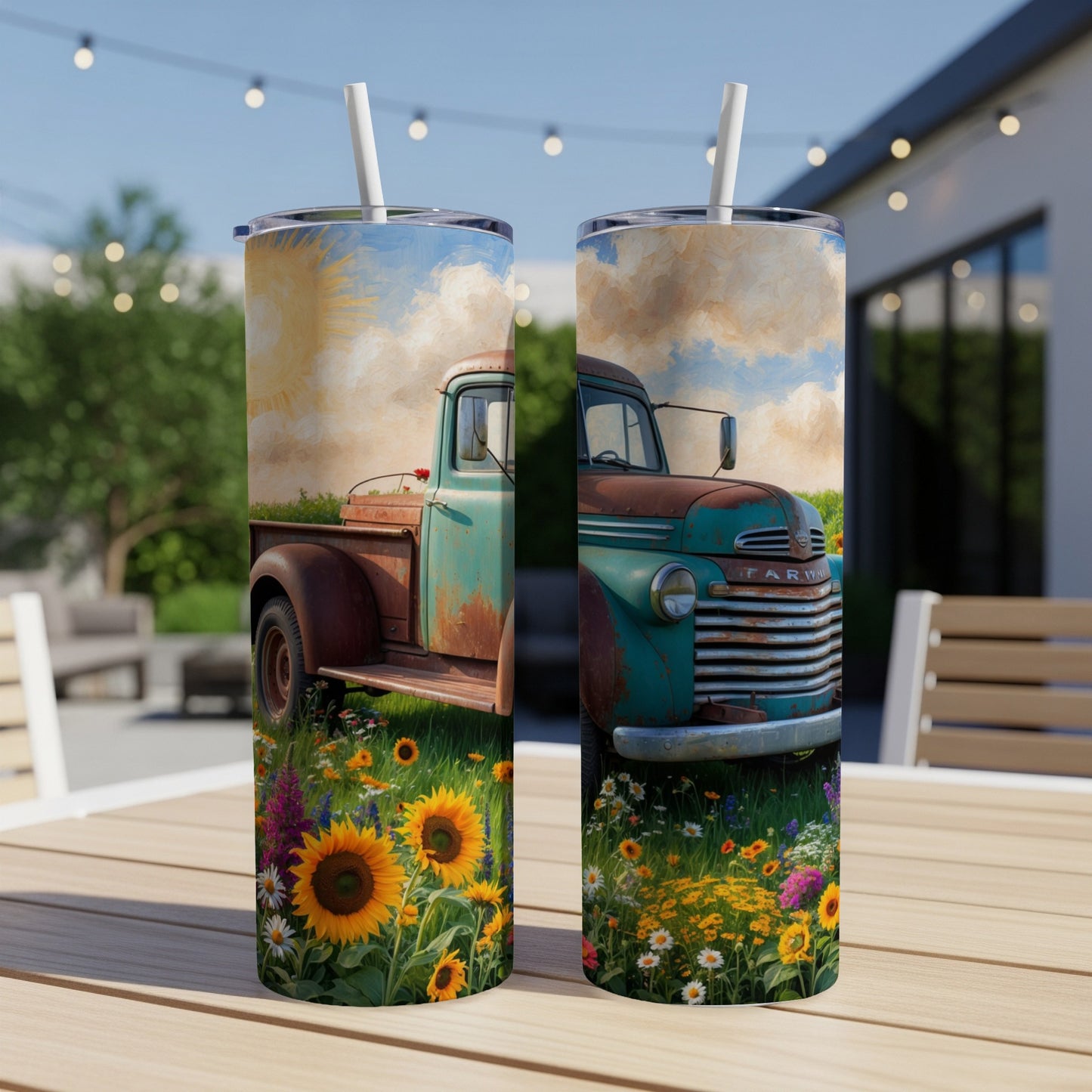 Rustic teal and red pickup truck in a field of wildflowers and sunflowers.