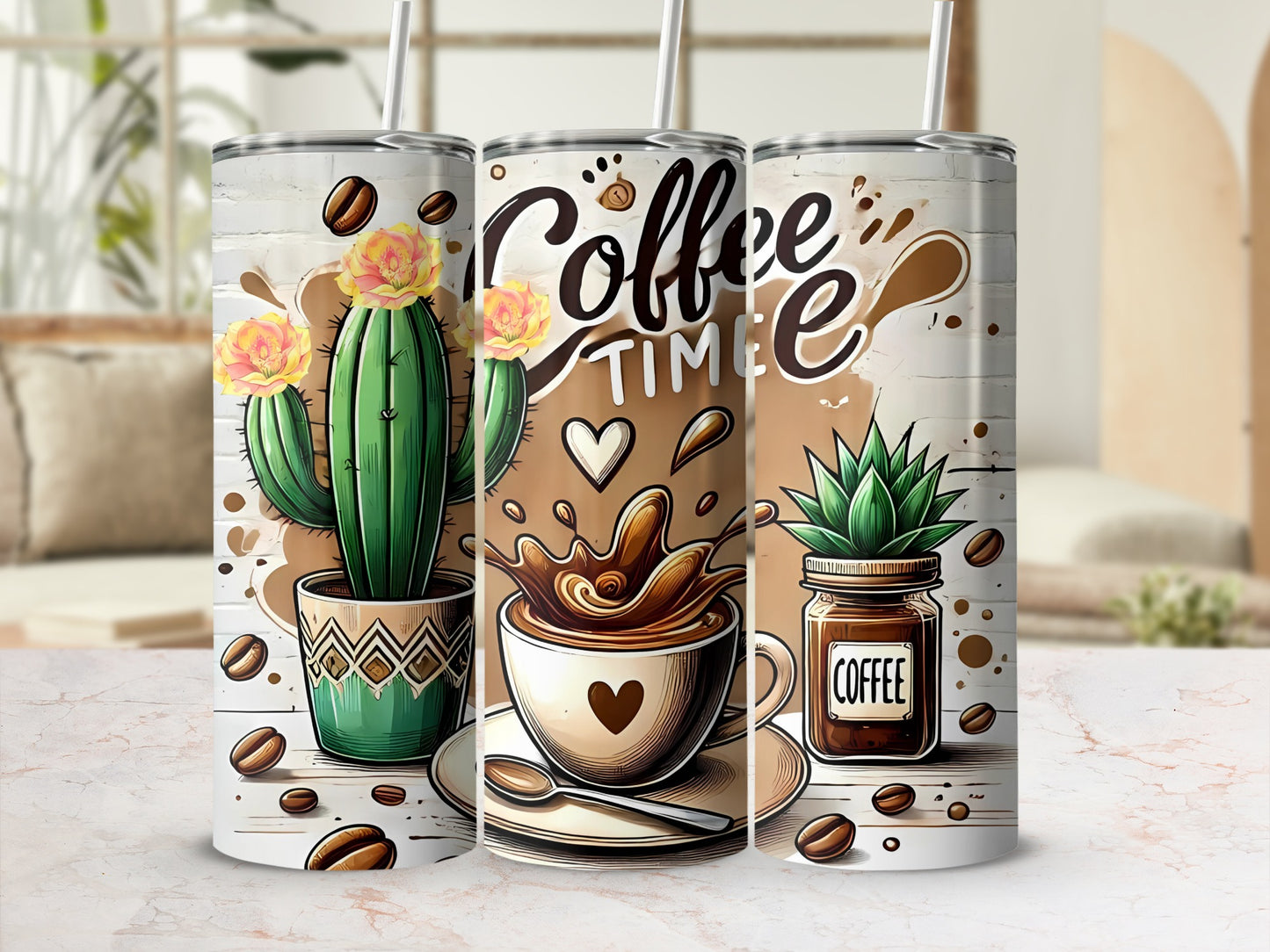 Colorful Coffee Time Cactus Design Tumbler