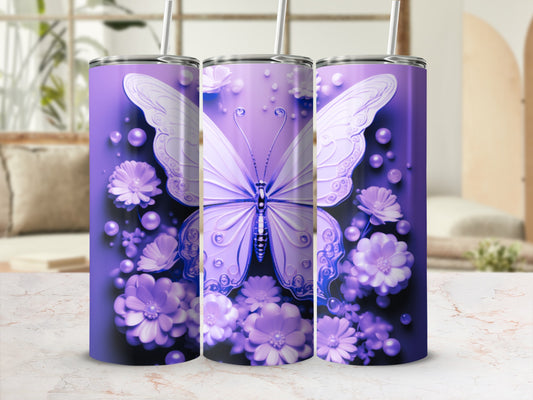 Purple tumbler with large butterfly and floral design.