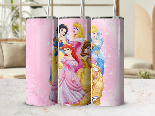 Princesses on Pink Sparkly Background Tumbler