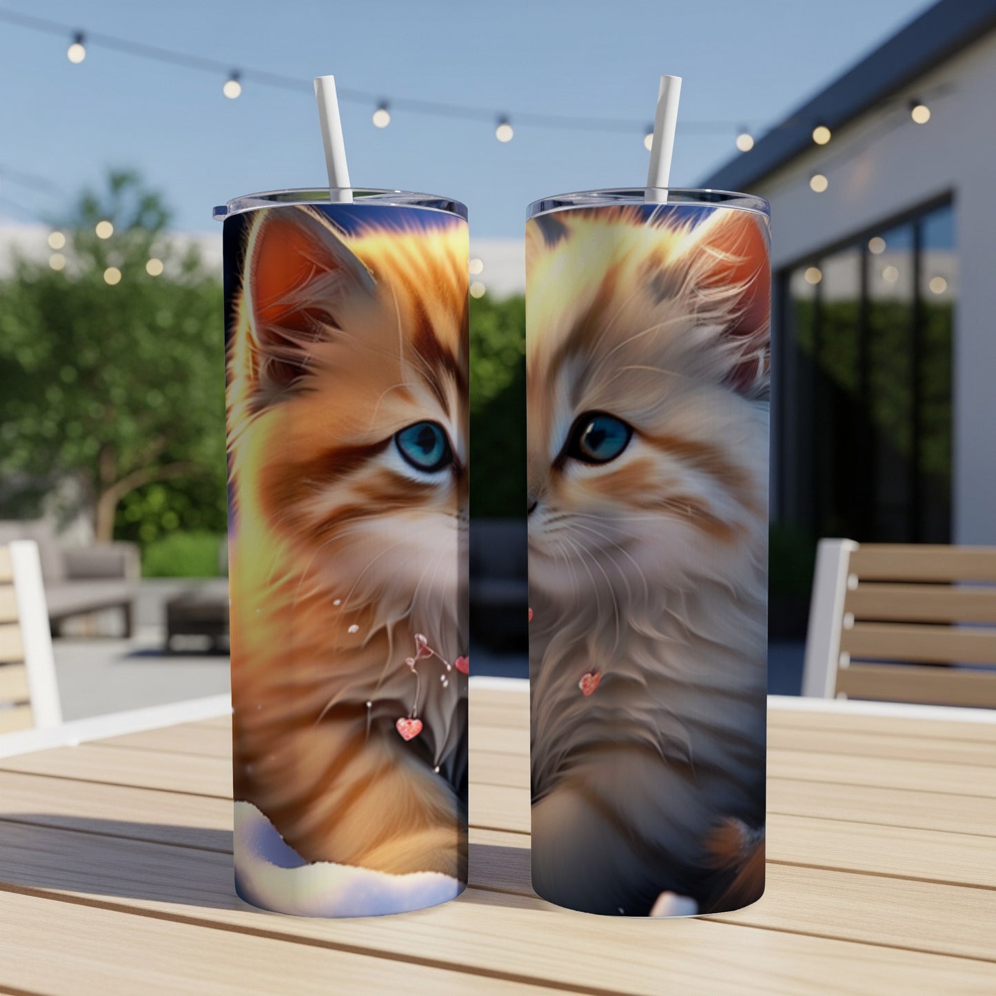 Two tumblers with close-up kitten faces and hearts.