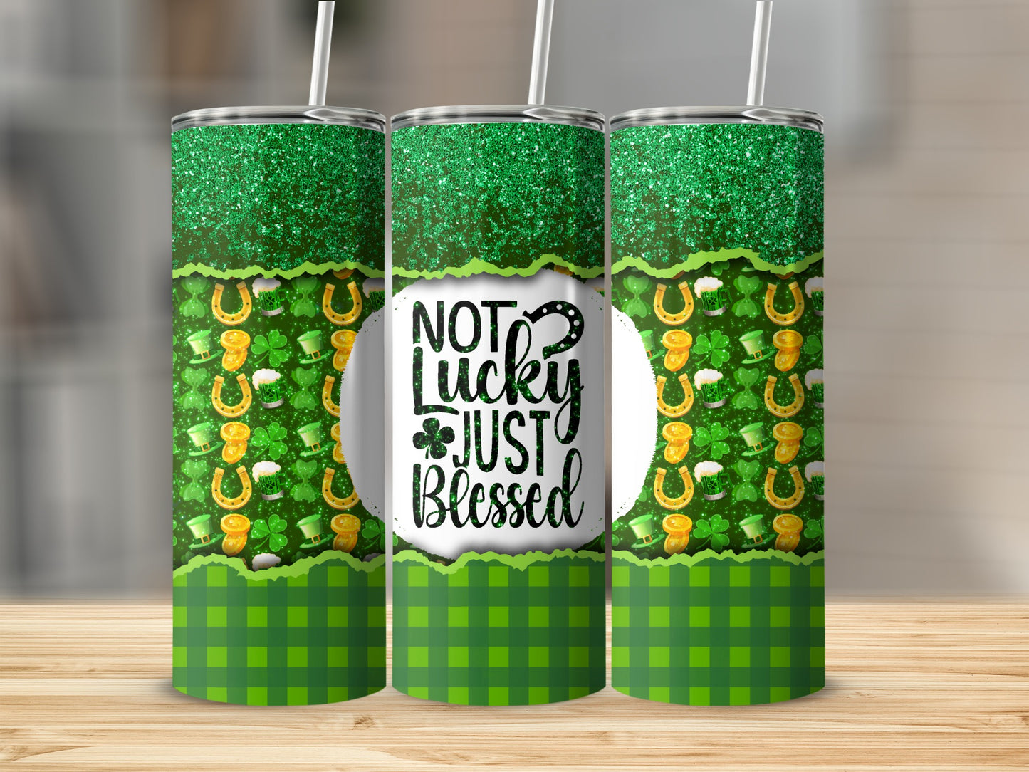 Trio of St. Patrick's Day tumblers with glitter, shamrocks, and "Not Lucky Just Blessed" text.