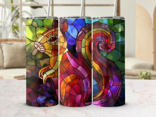 Stained glass tumbler design featuring a colorful squirrel.