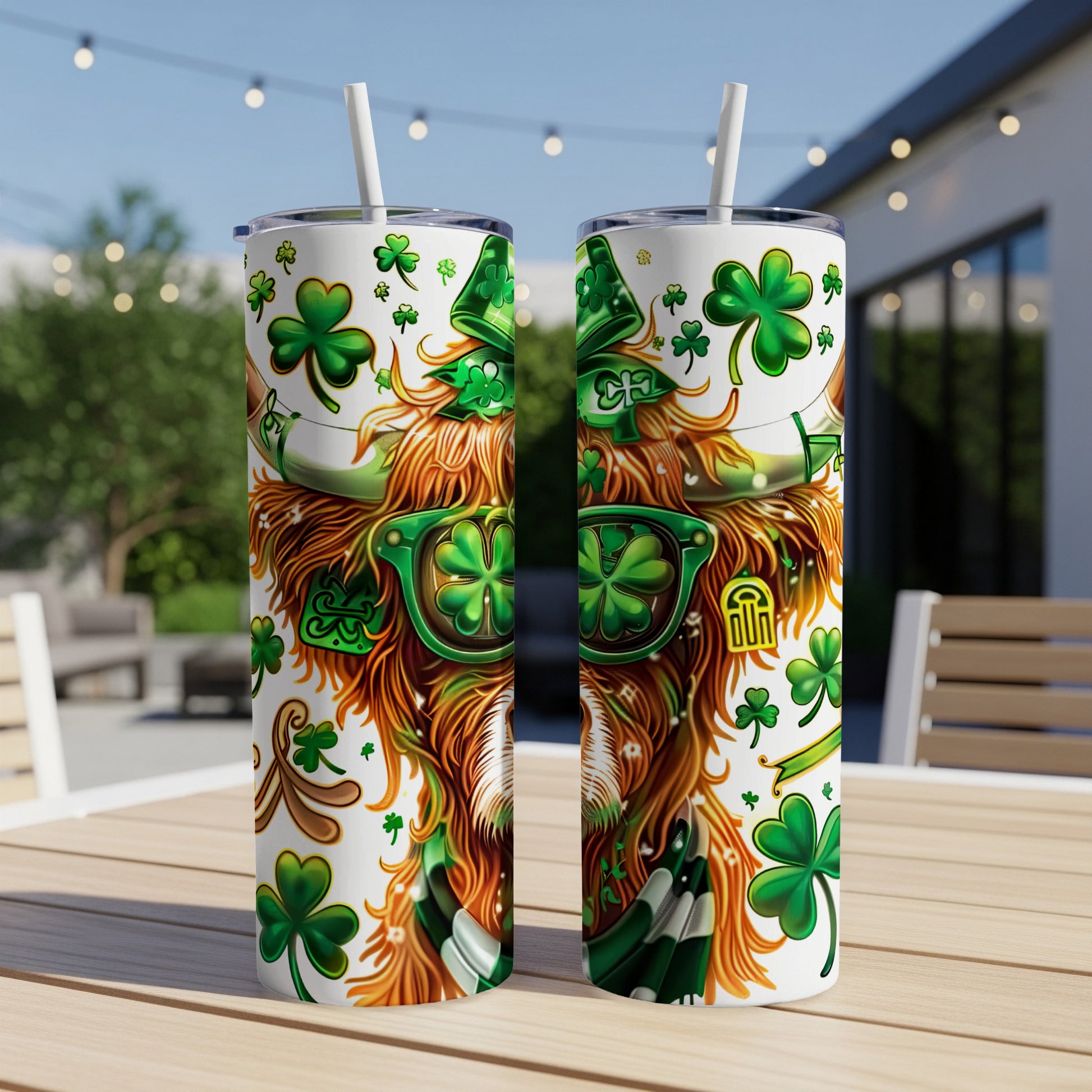 St. Patrick's Day tumbler with leprechaun, shamrocks, and festive patterns.