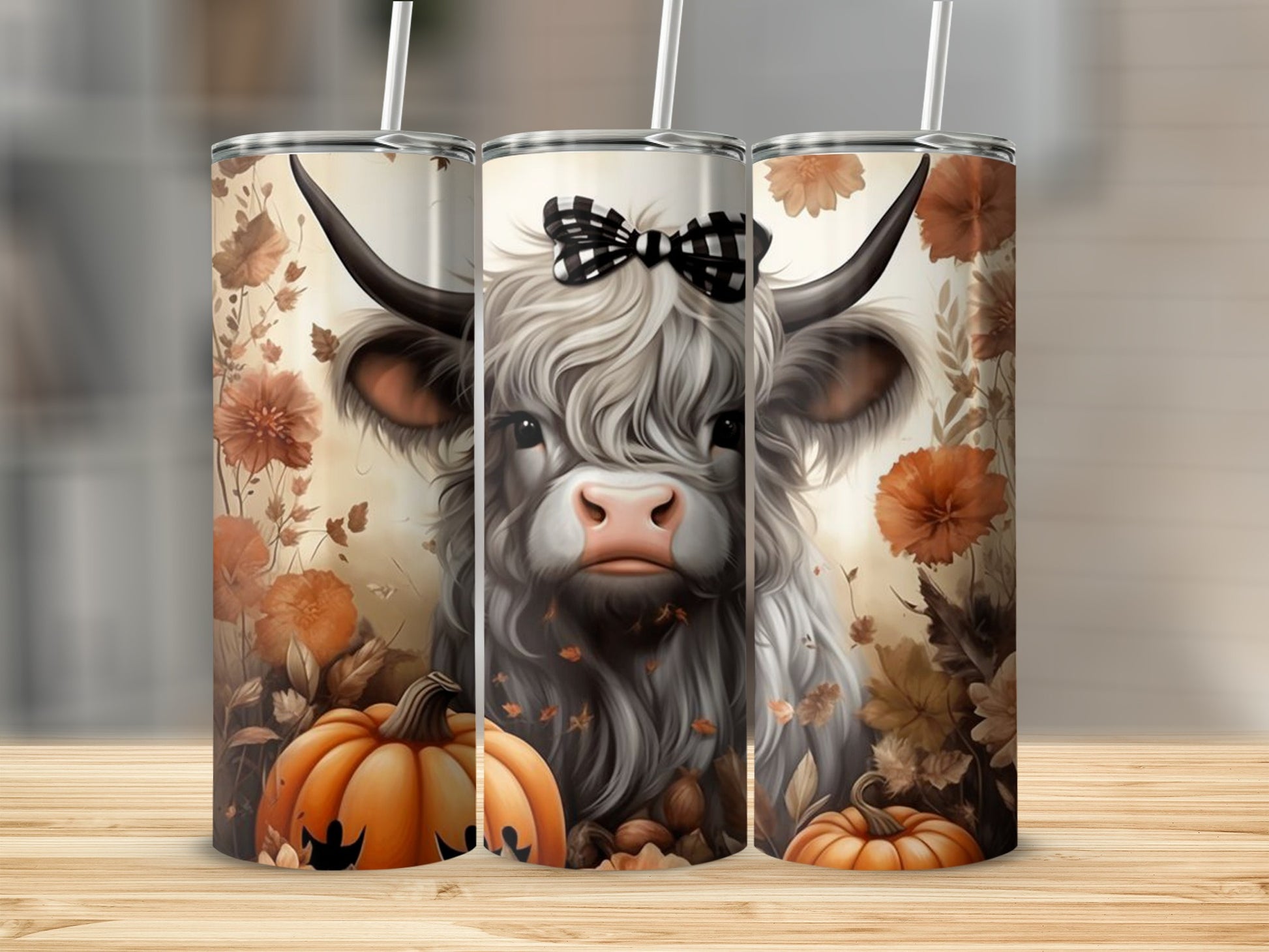 Cute Highland Cow with Pumpkins and Autumn Flowers Cup