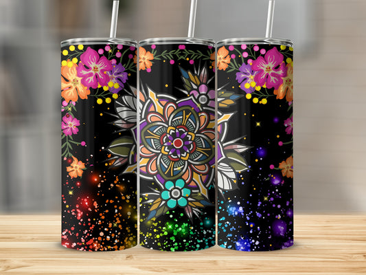 Colorful Floral and Mandala Design Tumbler Cup