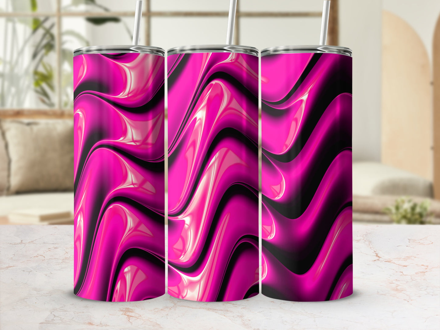 Abstract Hot Pink Black Glossy Fluid Waves product type