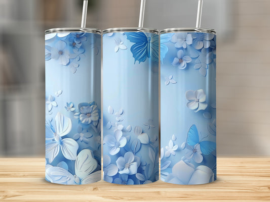 Blue tumbler with butterflies and floral 3D embossing.