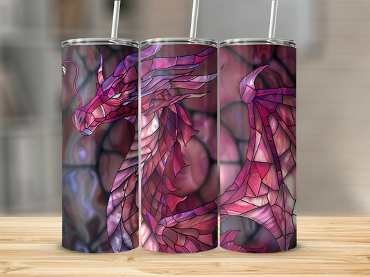 Pink stained glass dragon design on a set of three tumblers.
