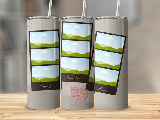 Three tumblers with photo frames, 'Happy', 'Family', and 'Love' text, and heart designs.