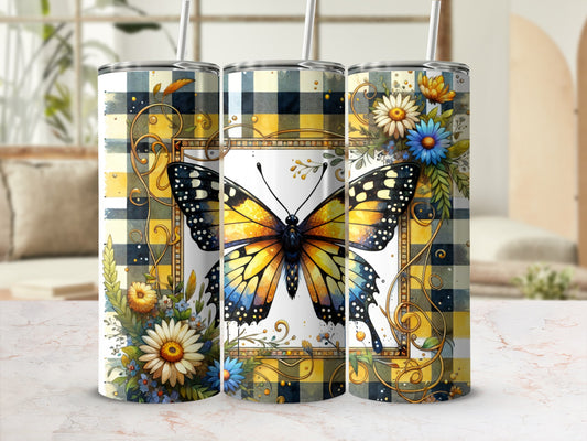 Tumbling tumbler with butterfly, flowers, and yellow plaid border.