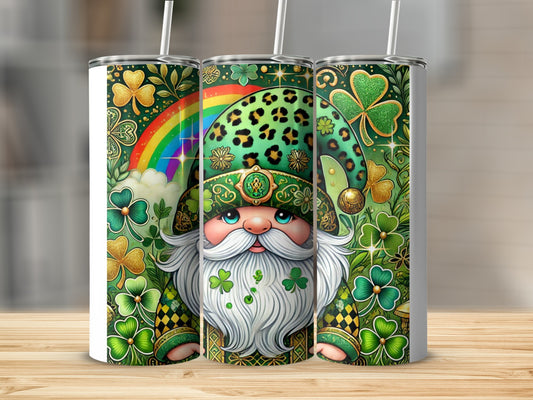 Leprechaun with rainbow and shamrocks on a green tumbler.
