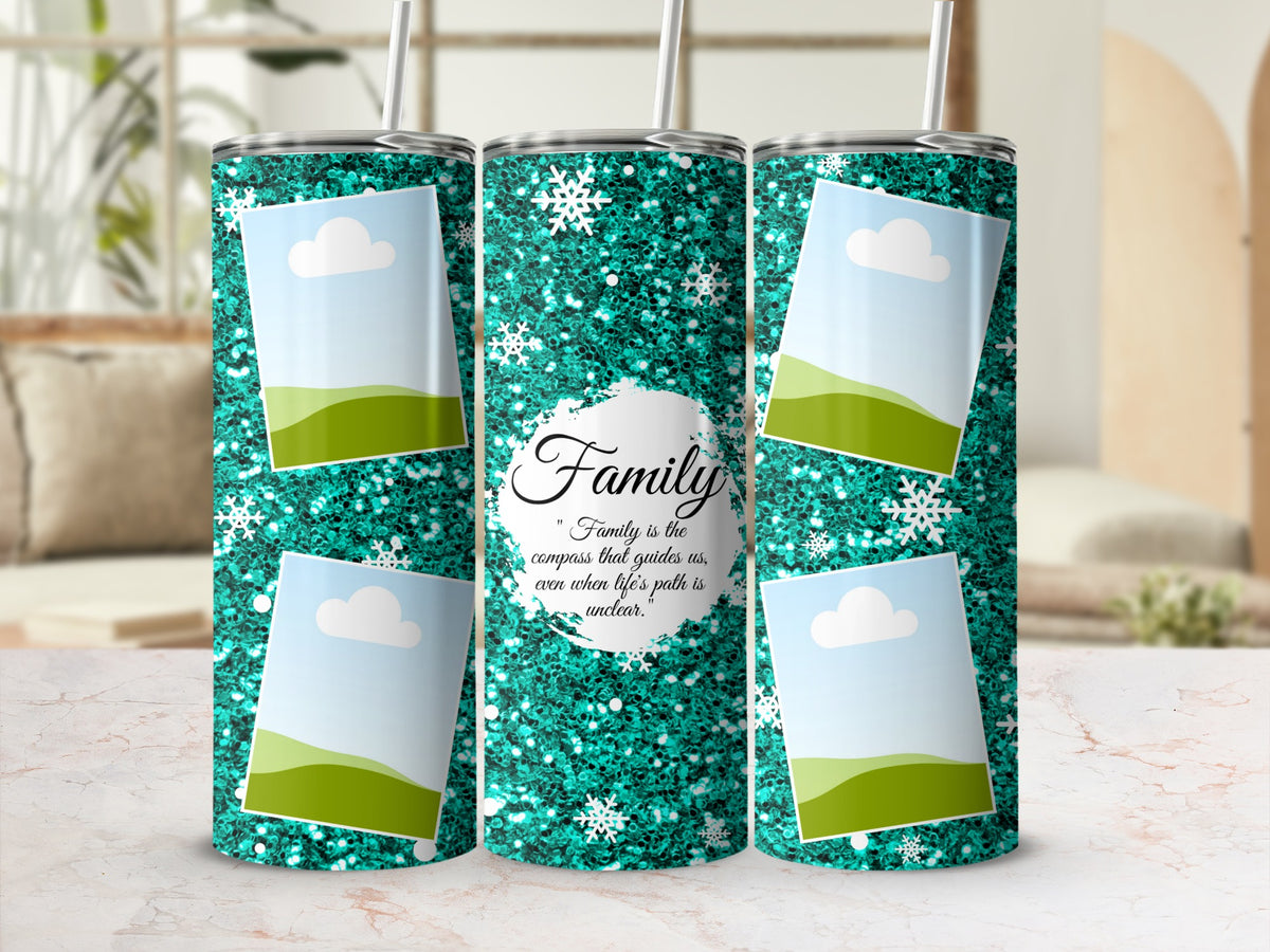 Teal glitter tumbler with snowflakes, picture frames, and "Family" quote.