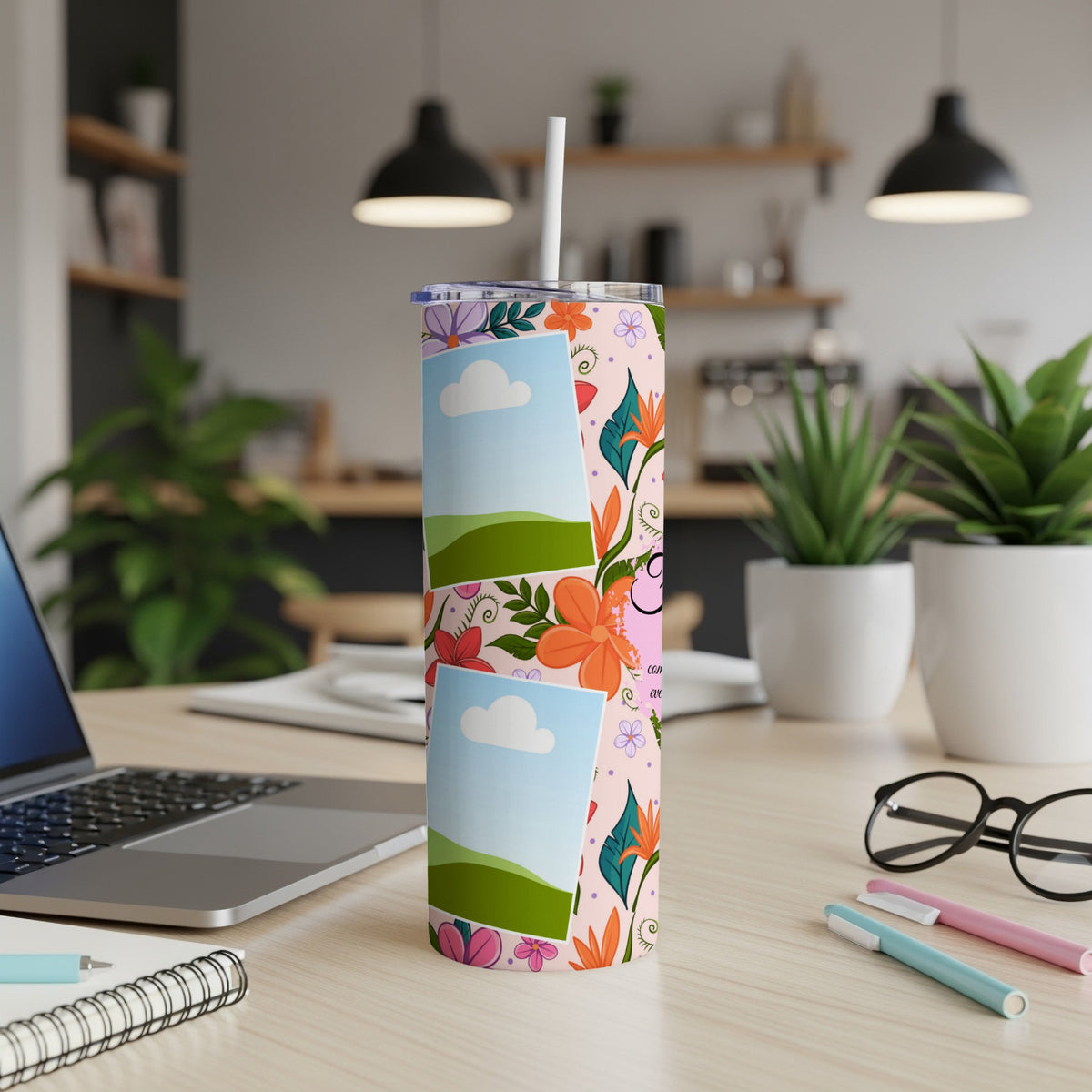 Tumbler with floral pattern and two photo placeholders with straw.