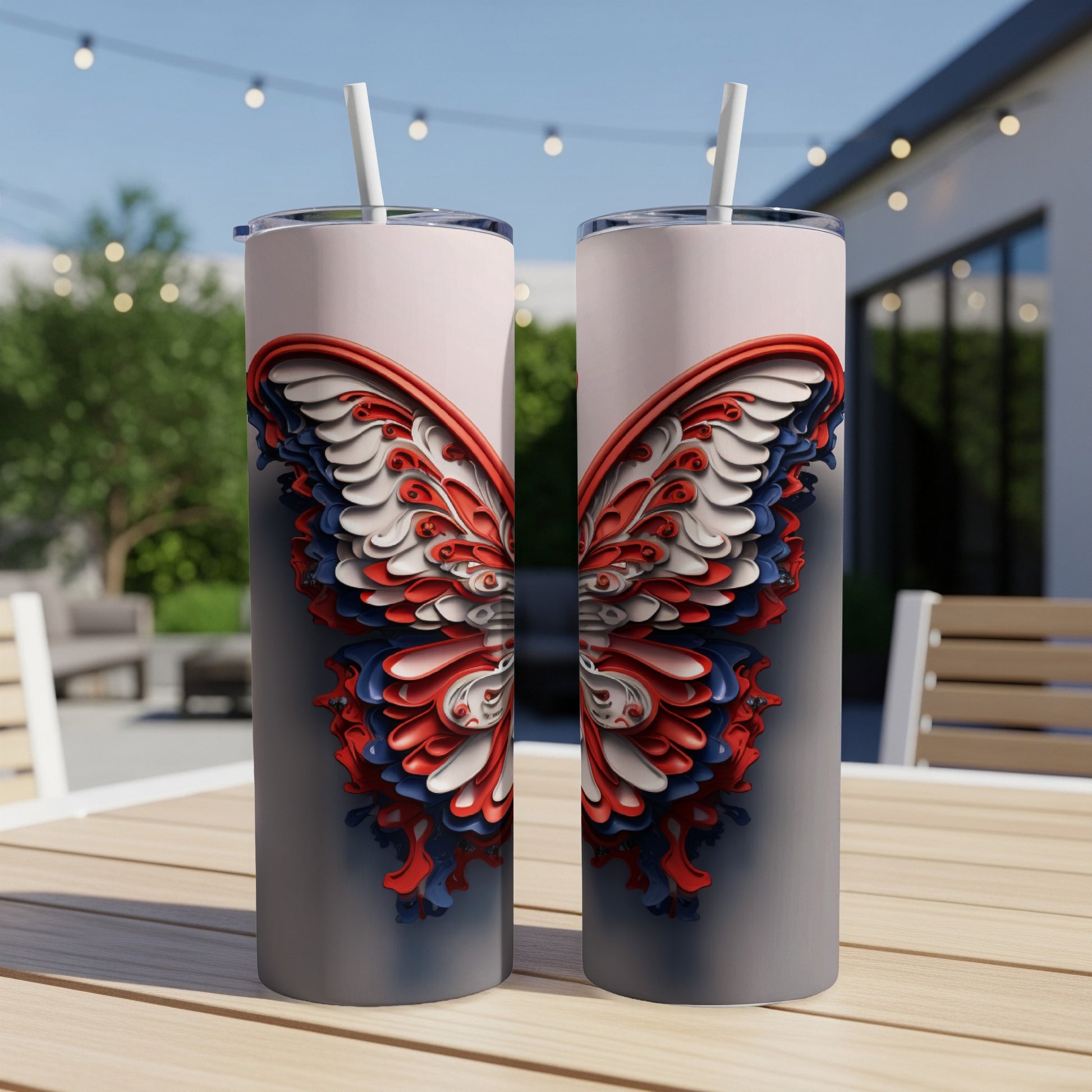 Two tumblers with a red, white, and blue butterfly design.