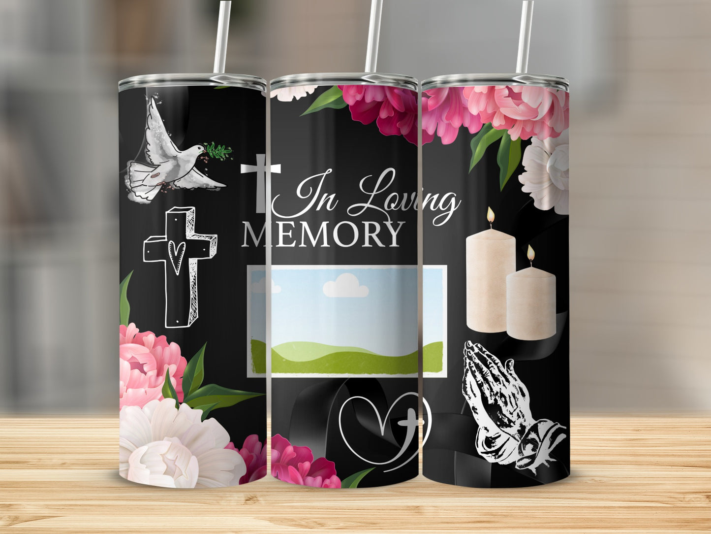 Memorial tumbler with doves, crosses, flowers, candles, and praying hands.