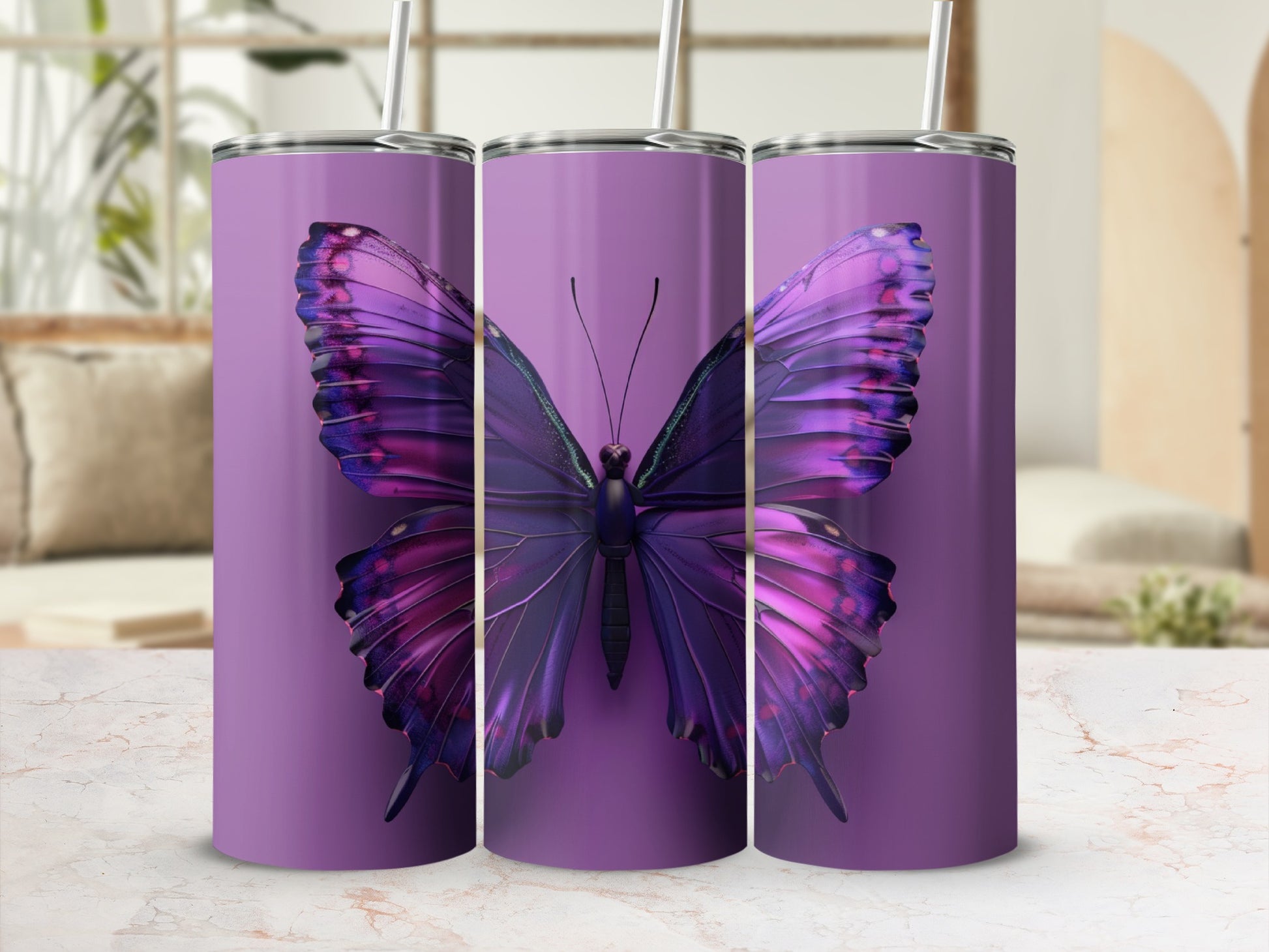 Purple butterfly tumbler with straw on a marble surface.