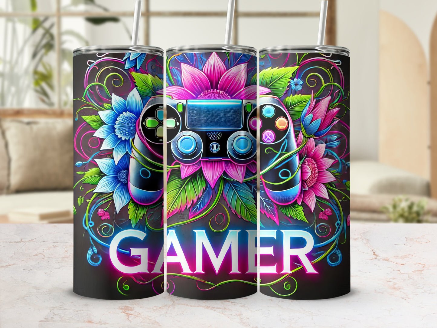 Tumbler with neon gamer controller and floral design.