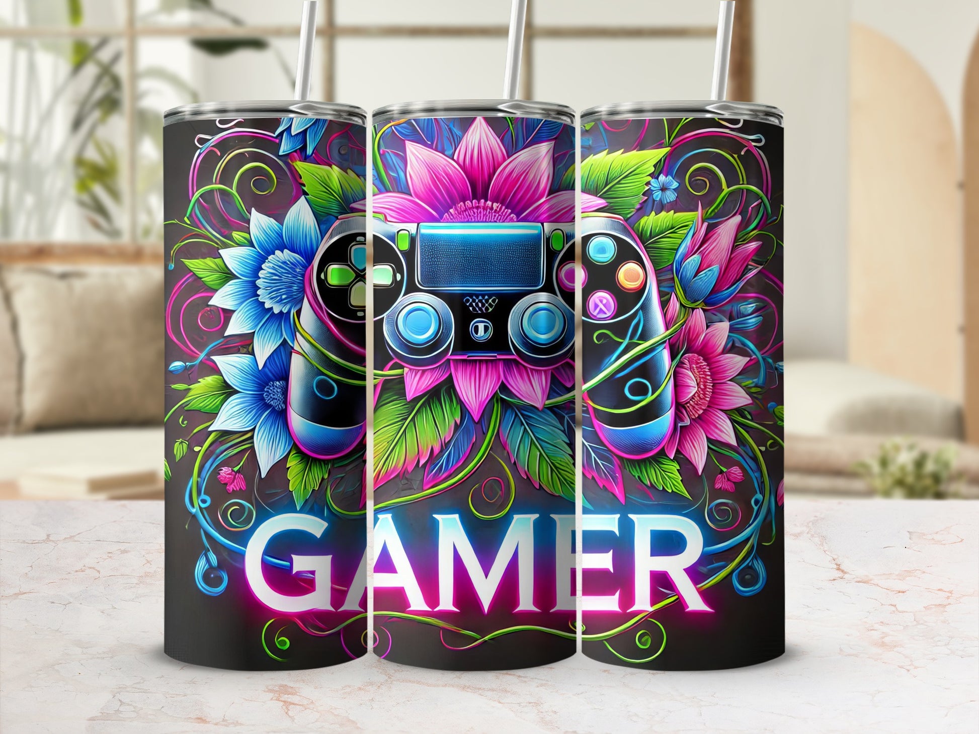 Tumbler with neon gamer controller and floral design.