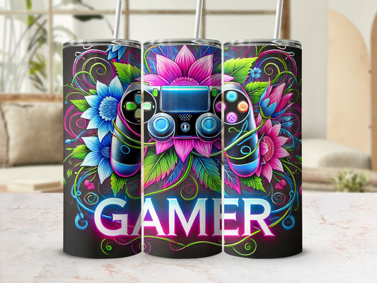 Tumbler with neon gamer controller and floral design.