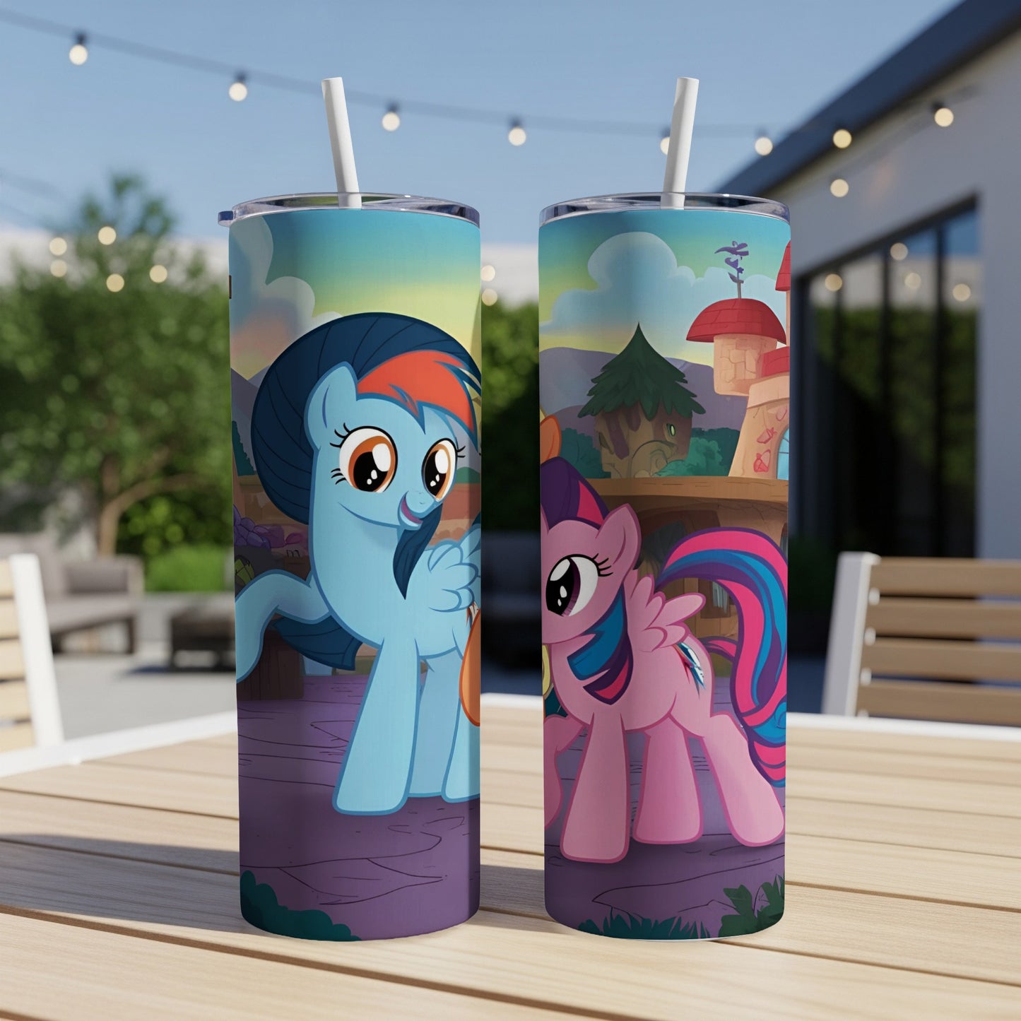 My Little Pony characters Rainbow Dash and Twilight Sparkle on a blue and pink tumbler.