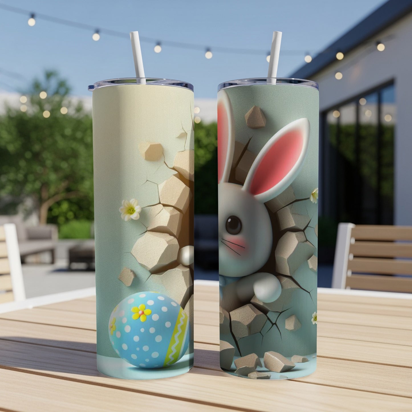 Easter bunny and egg design on two tumblers on a wooden table.