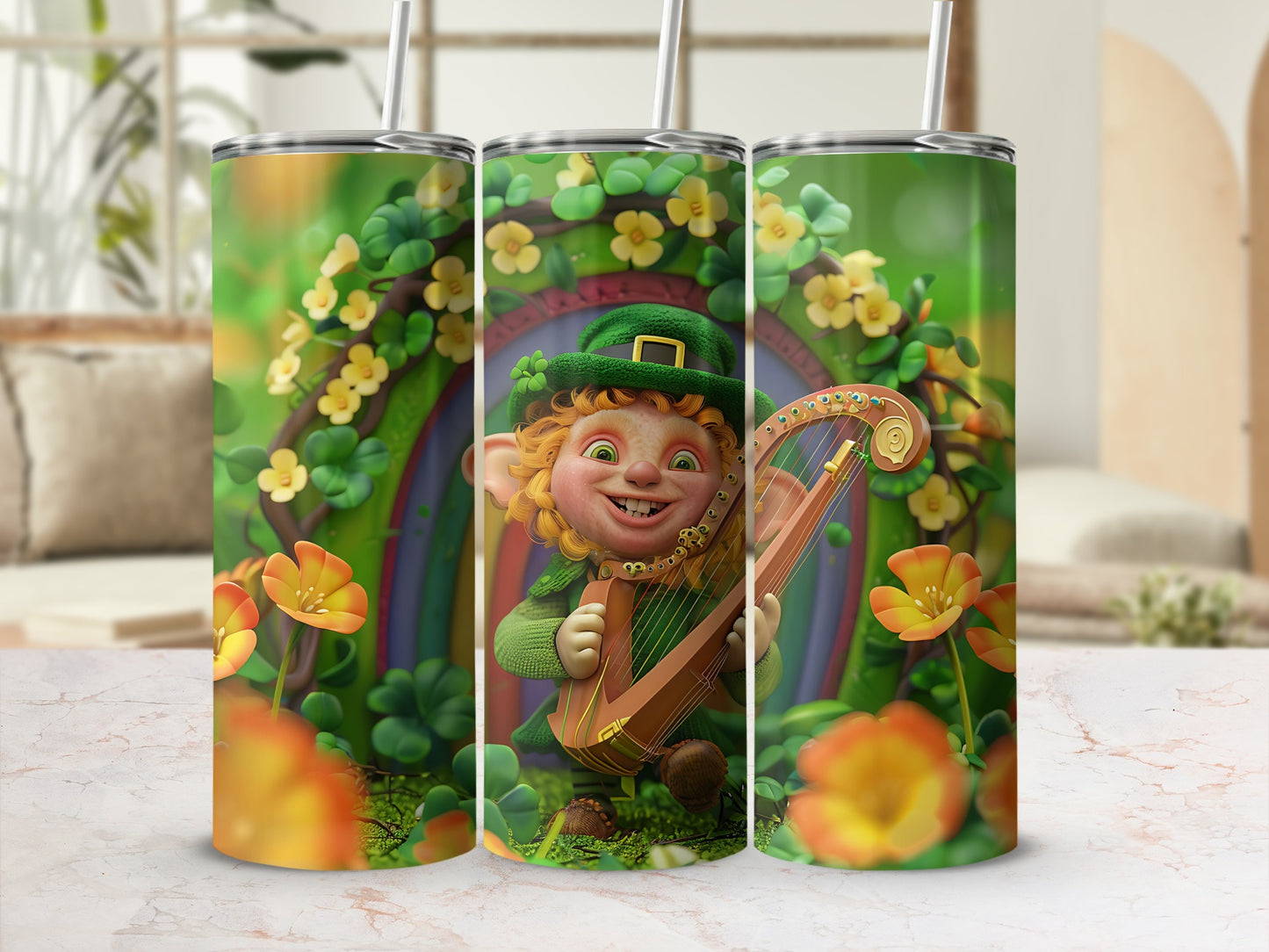 Leprechaun playing a harp in front of a hobbit-like doorway.
