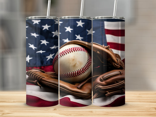 Patriotic Baseball Glove and Ball Design Tumbler