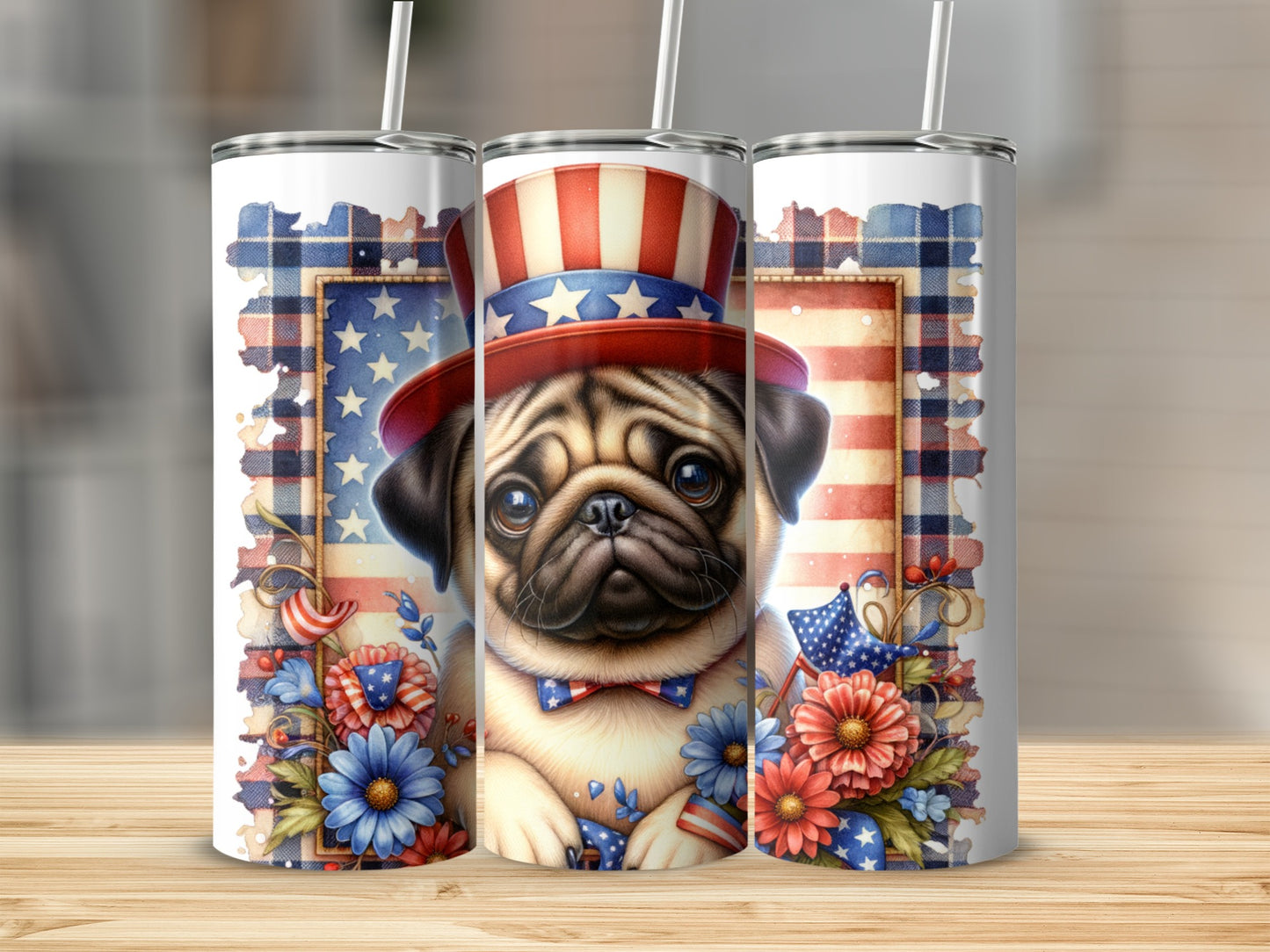 Pug in patriotic hat and bowtie, surrounded by flowers and fireworks.