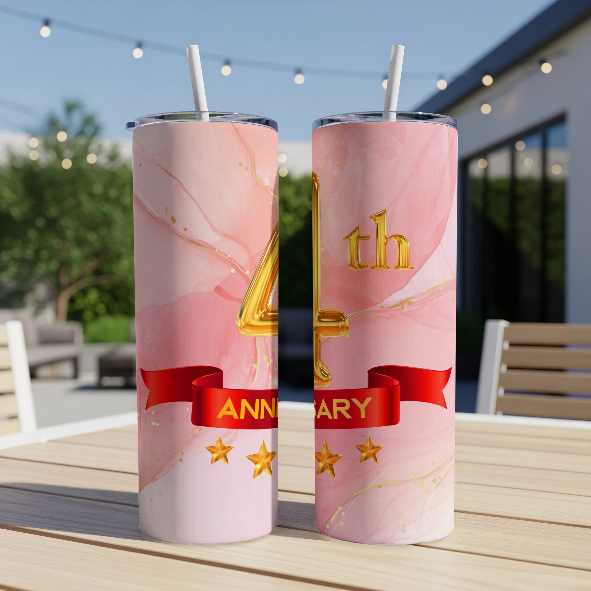 Pink marbled tumbler with "4th Anniversary" text and gold stars on red ribbon.