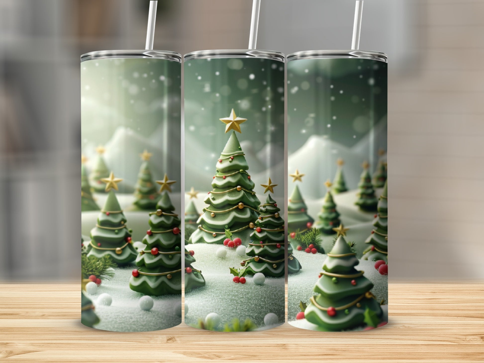 Three festive Christmas trees in snow, adorned with ornaments and stars.