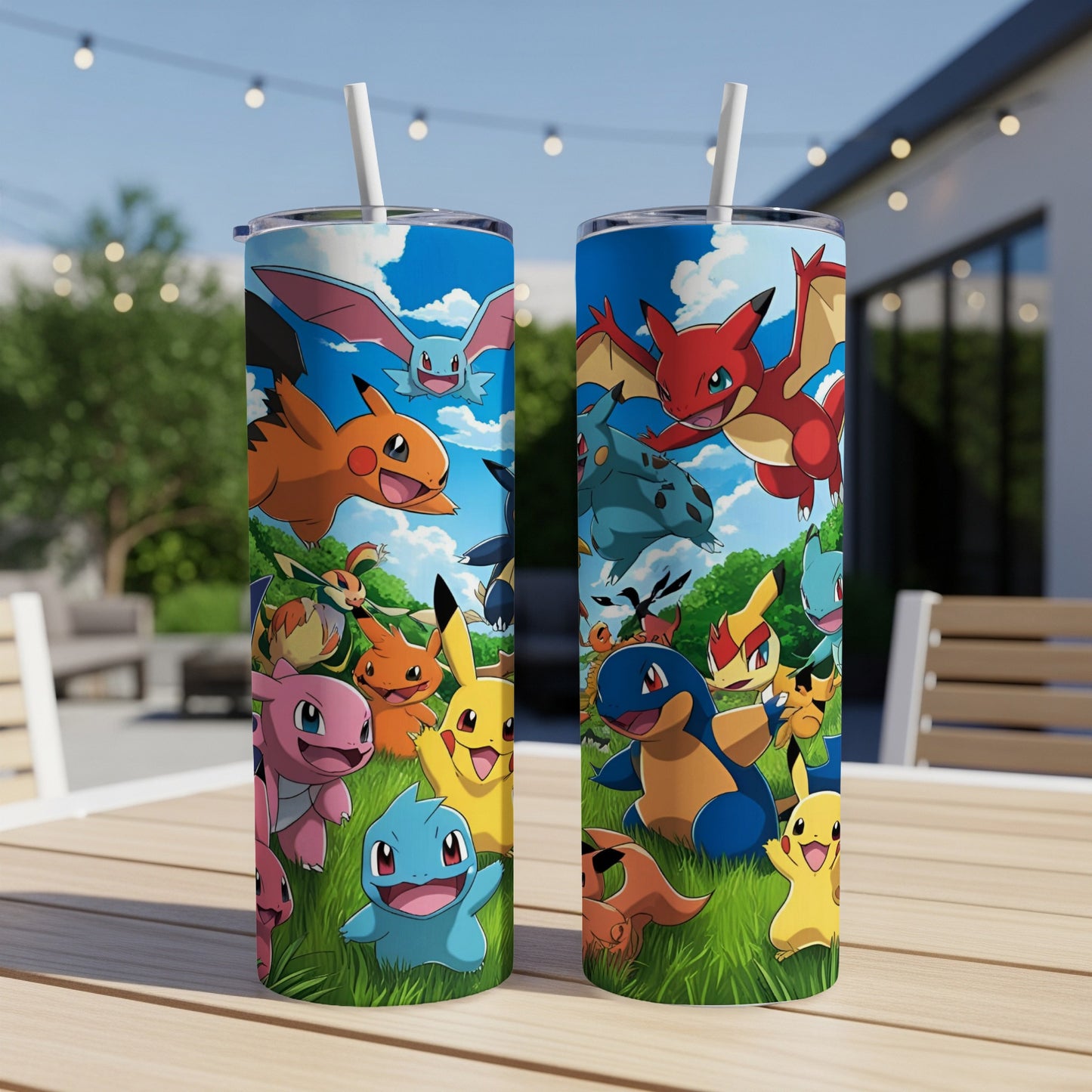 Two Pokémon character tumblers with lids and straws on a wooden table.
