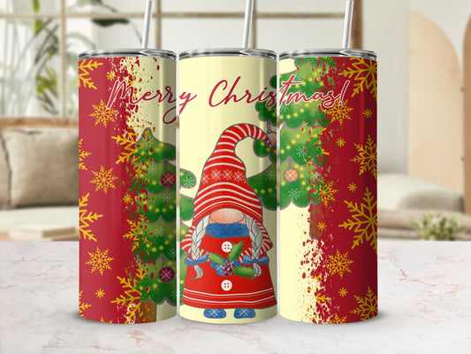 Christmas gnome with trees and snowflakes on a yellow tumbler.