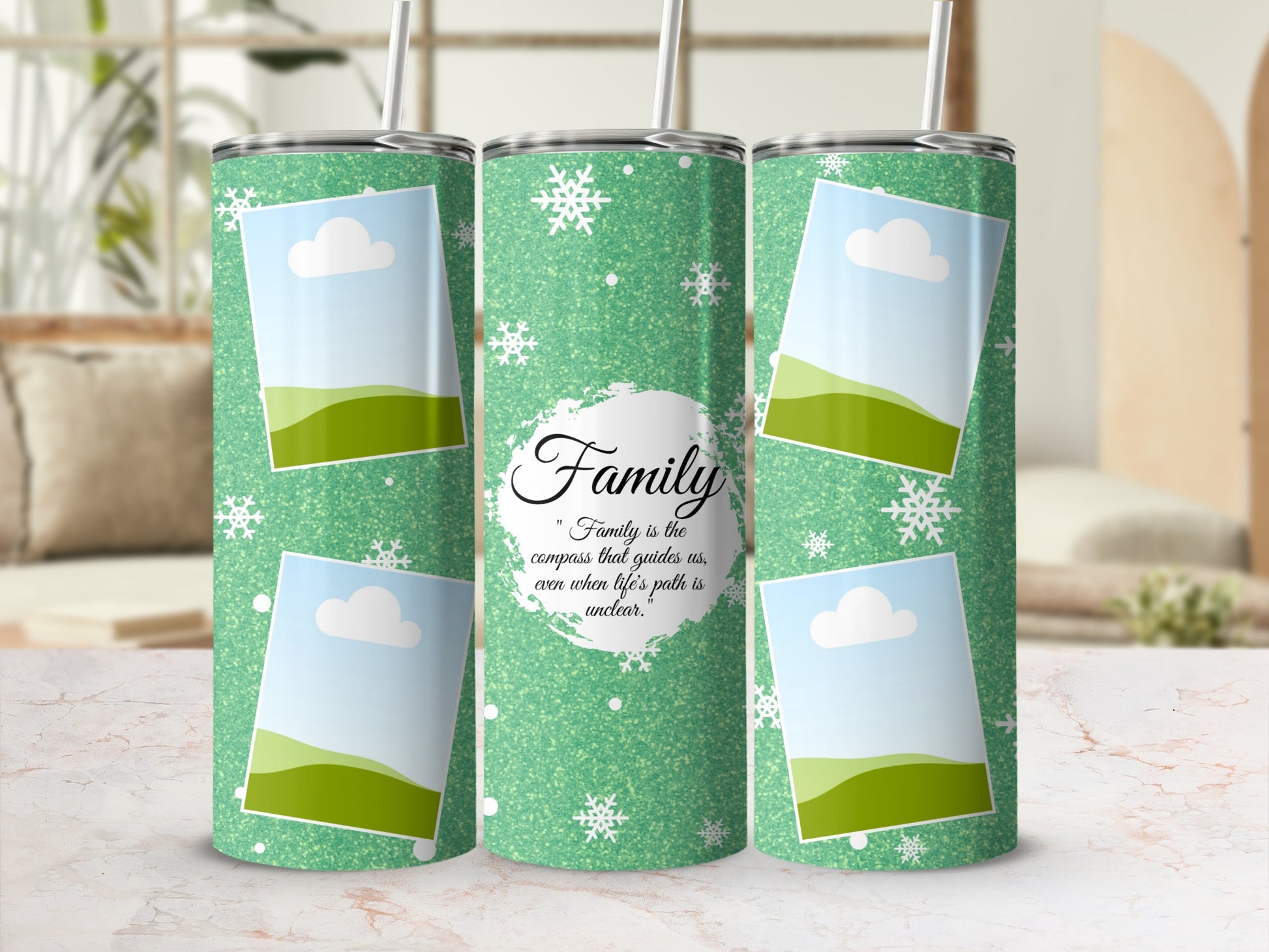 Green glitter tumbler with snowflake design, photo frames, and "Family" quote.