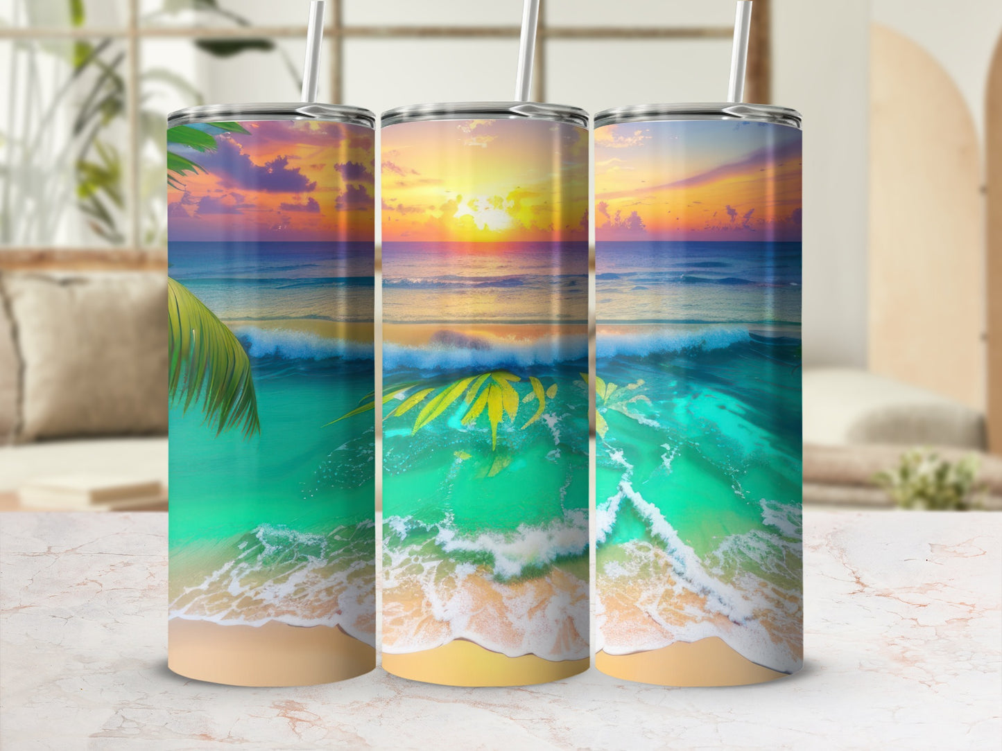 Vibrant Tropical Ocean Sunset Tumbler with Straw