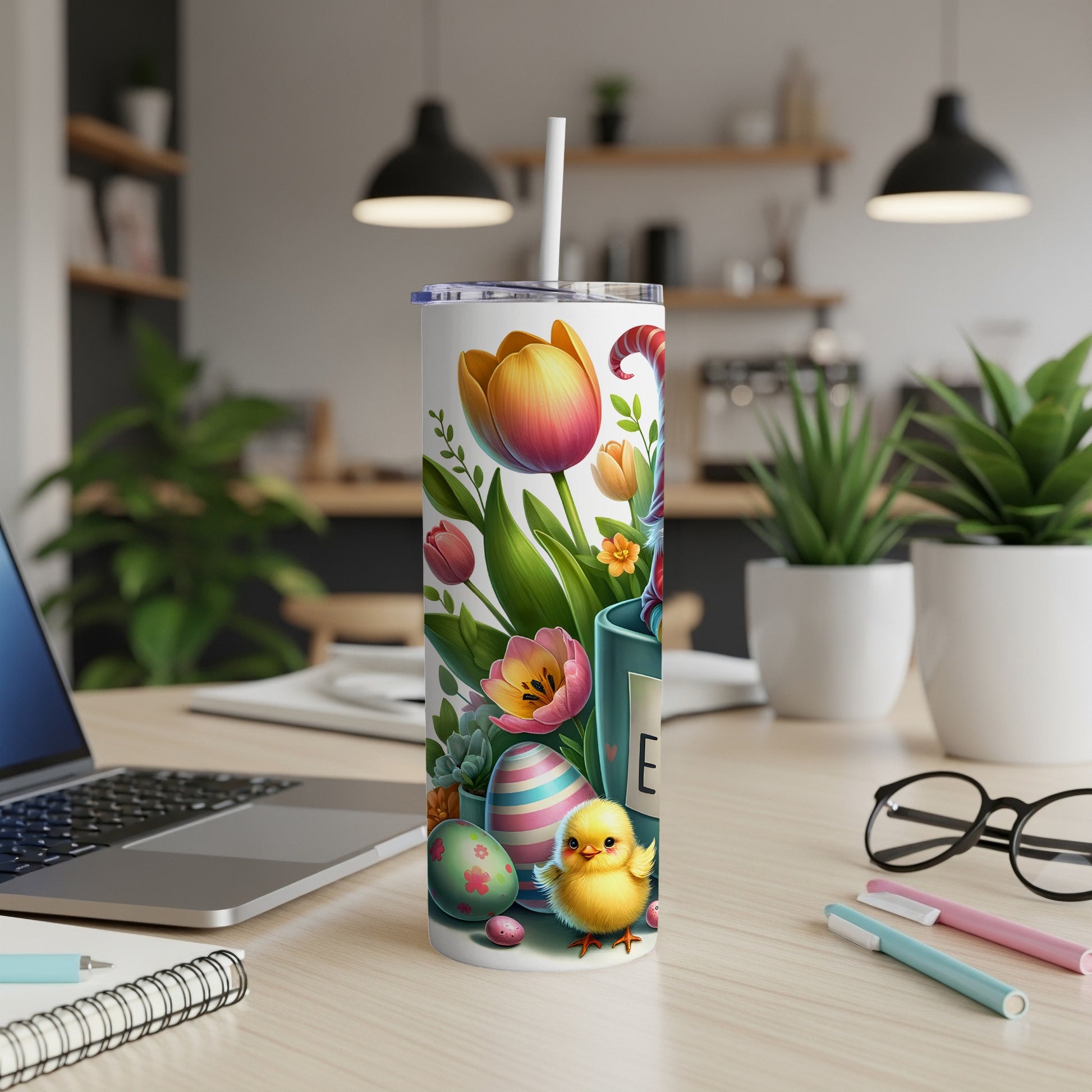 Easter tumbler with tulips, Easter eggs, and a chick.