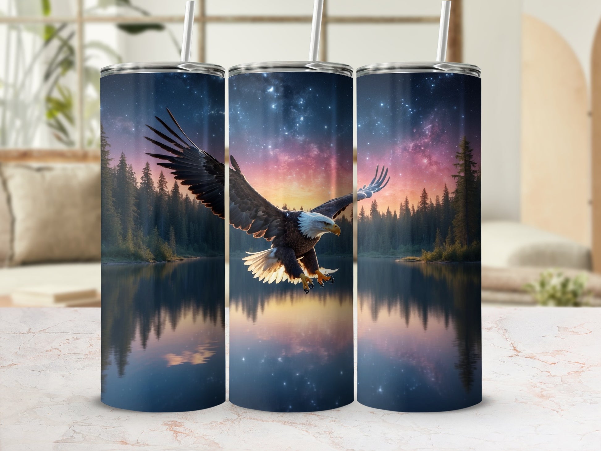 Eagle flying over a lake at sunset with stars.