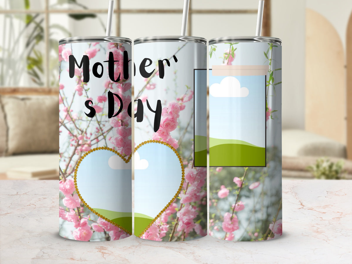 Three tumblers with a "Mother's Day" design featuring pink blossoms and heart or landscape photo frames.