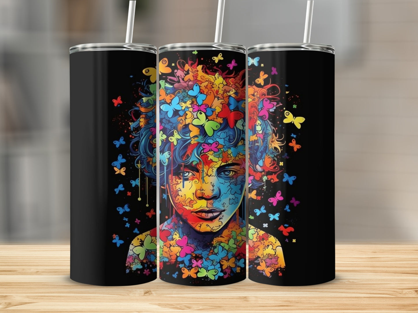 Tumbler with colorful butterfly artwork on black background.