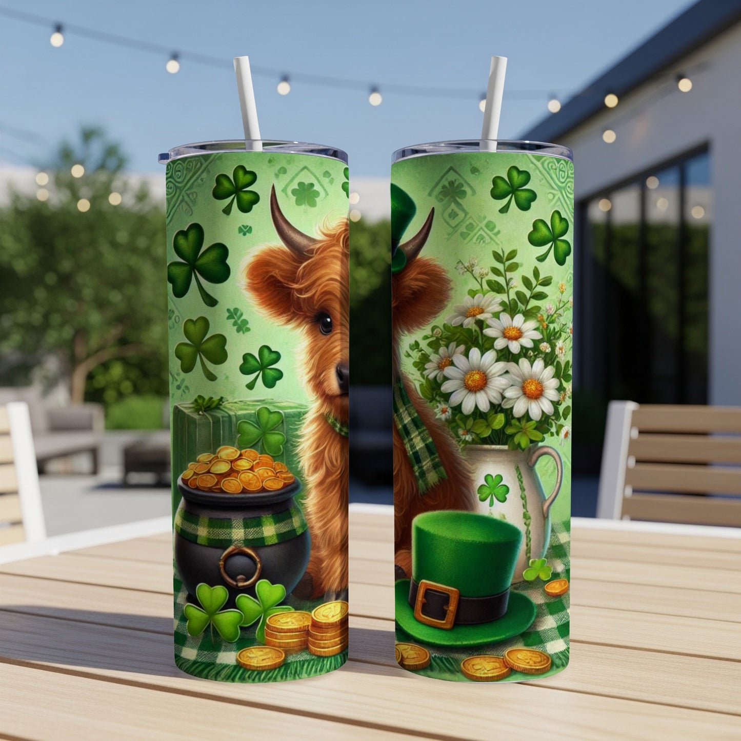 Two St. Patrick's Day tumblers featuring a Highland cow and shamrocks.