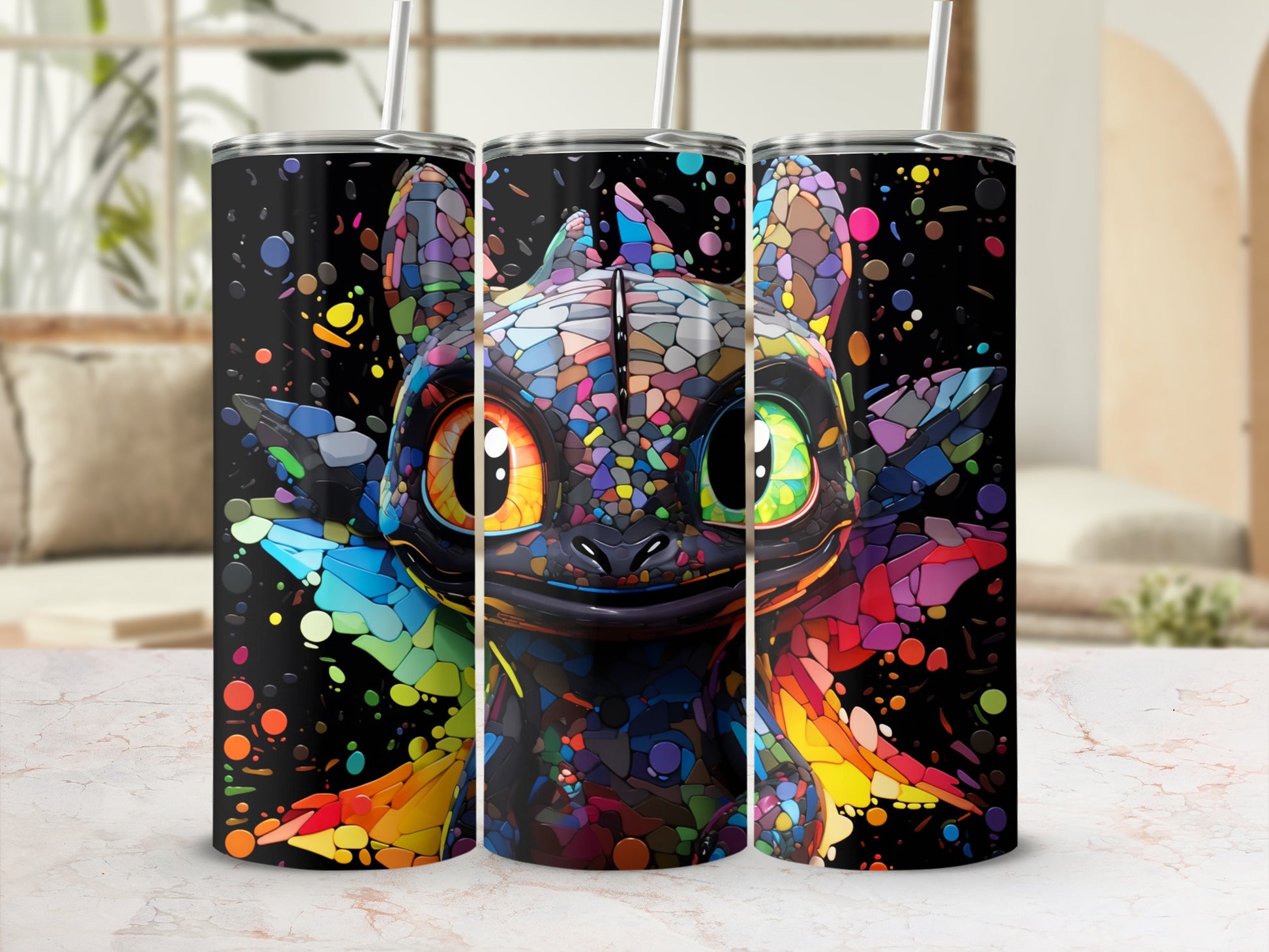 Colorful Dragon Character Design Tumbler with Straw