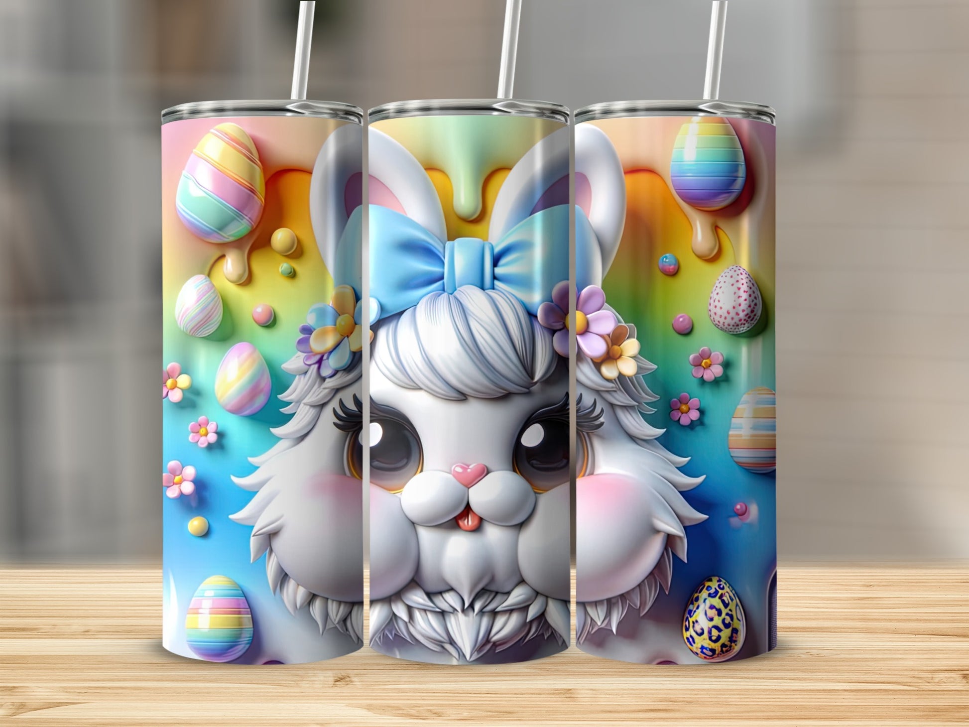 Easter bunny tumbler with pastel eggs and floral accents.