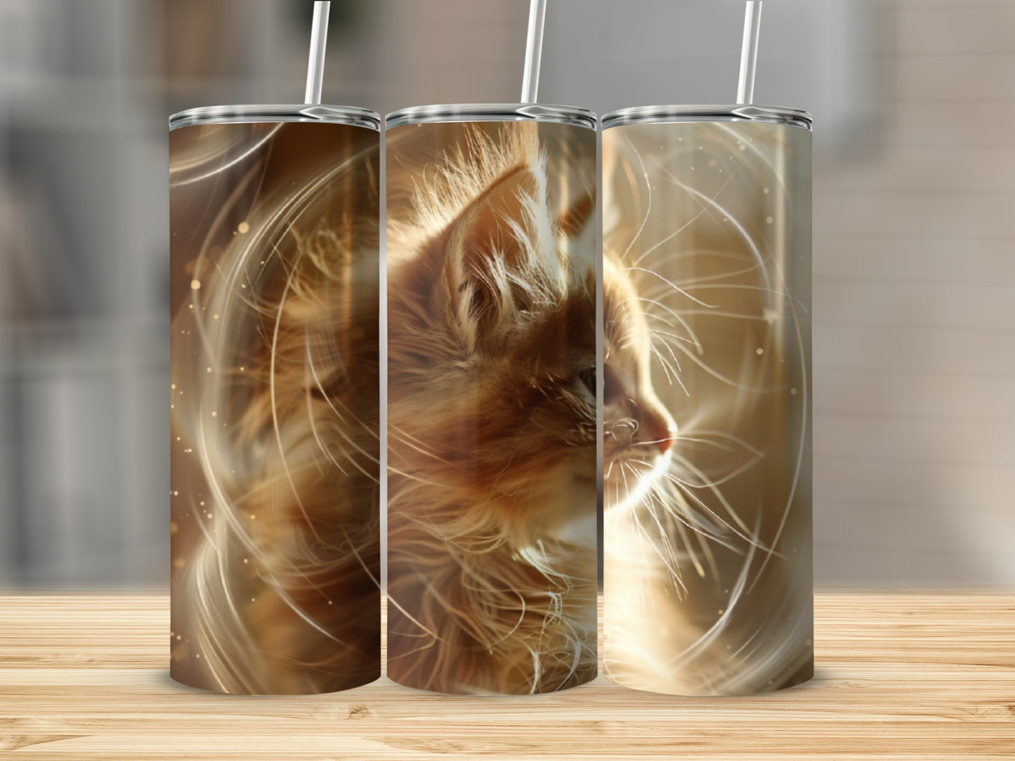 Three stainless steel tumblers with a fluffy orange cat against a blurred background.