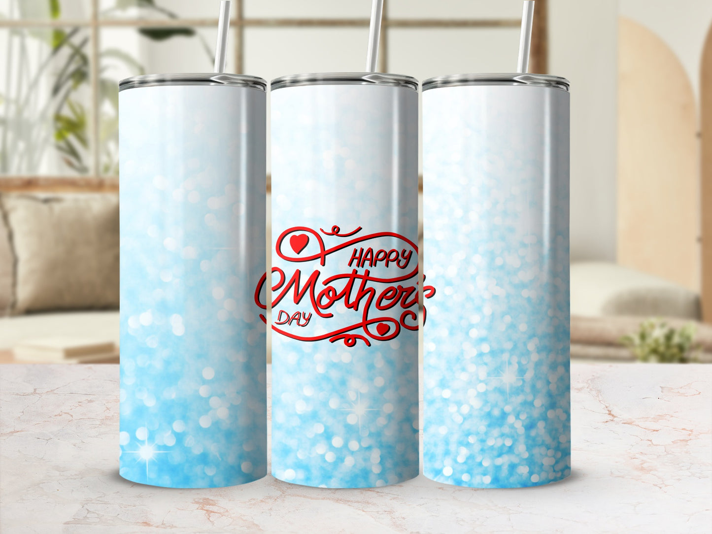 Two shimmering blue tumblers with "Happy Mother's Day" text.